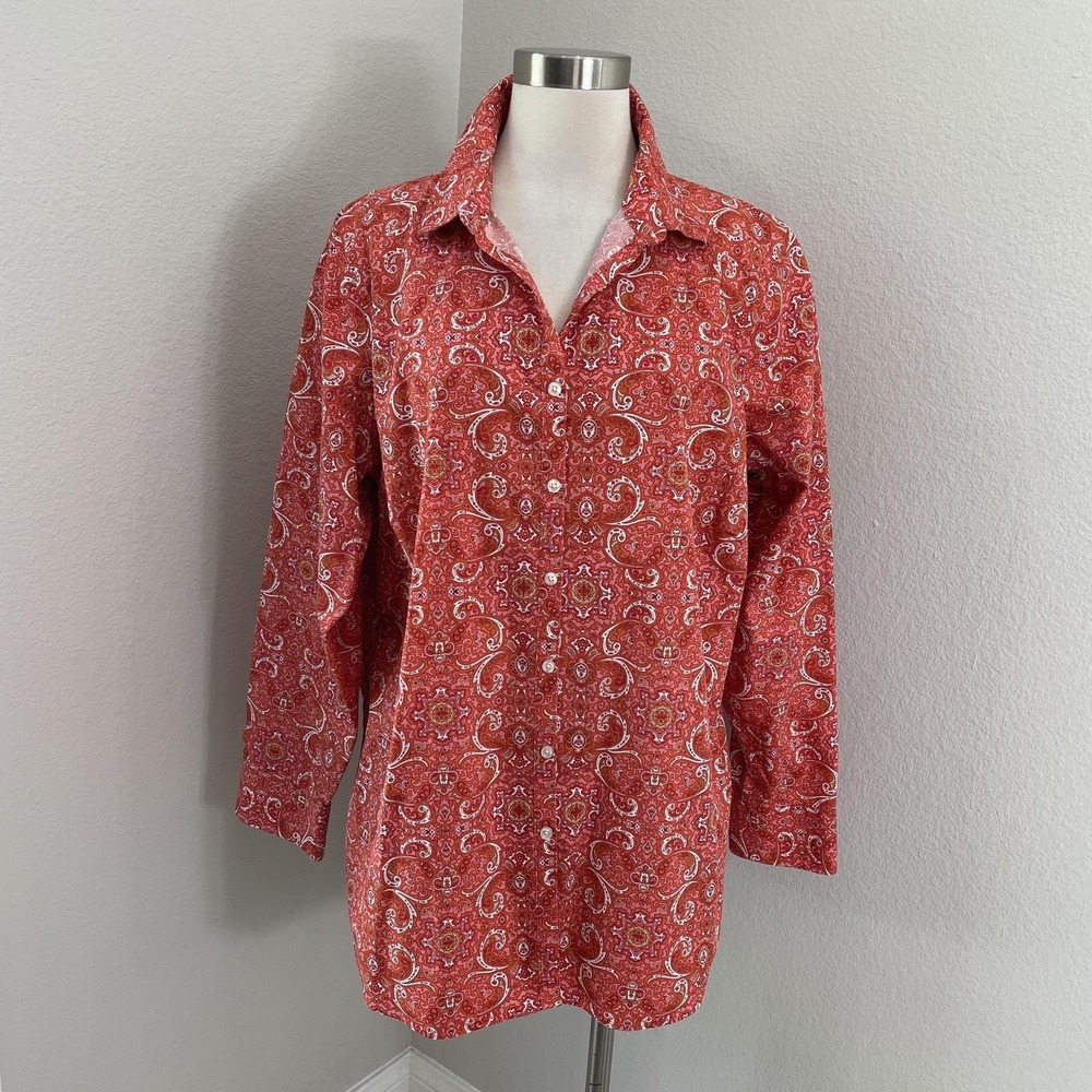 Lands' End Shirt Womens 22W Red Paisley Button Down Long Sleeve Cotton Collared